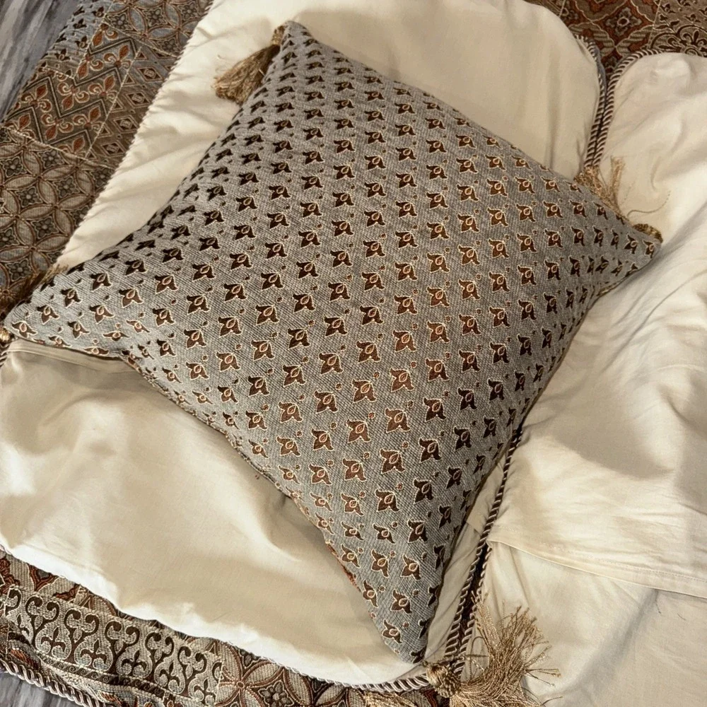 Vintage Brocade Fabric Bedspread Queen Shams Decorative Pillows Gold Tan Browns